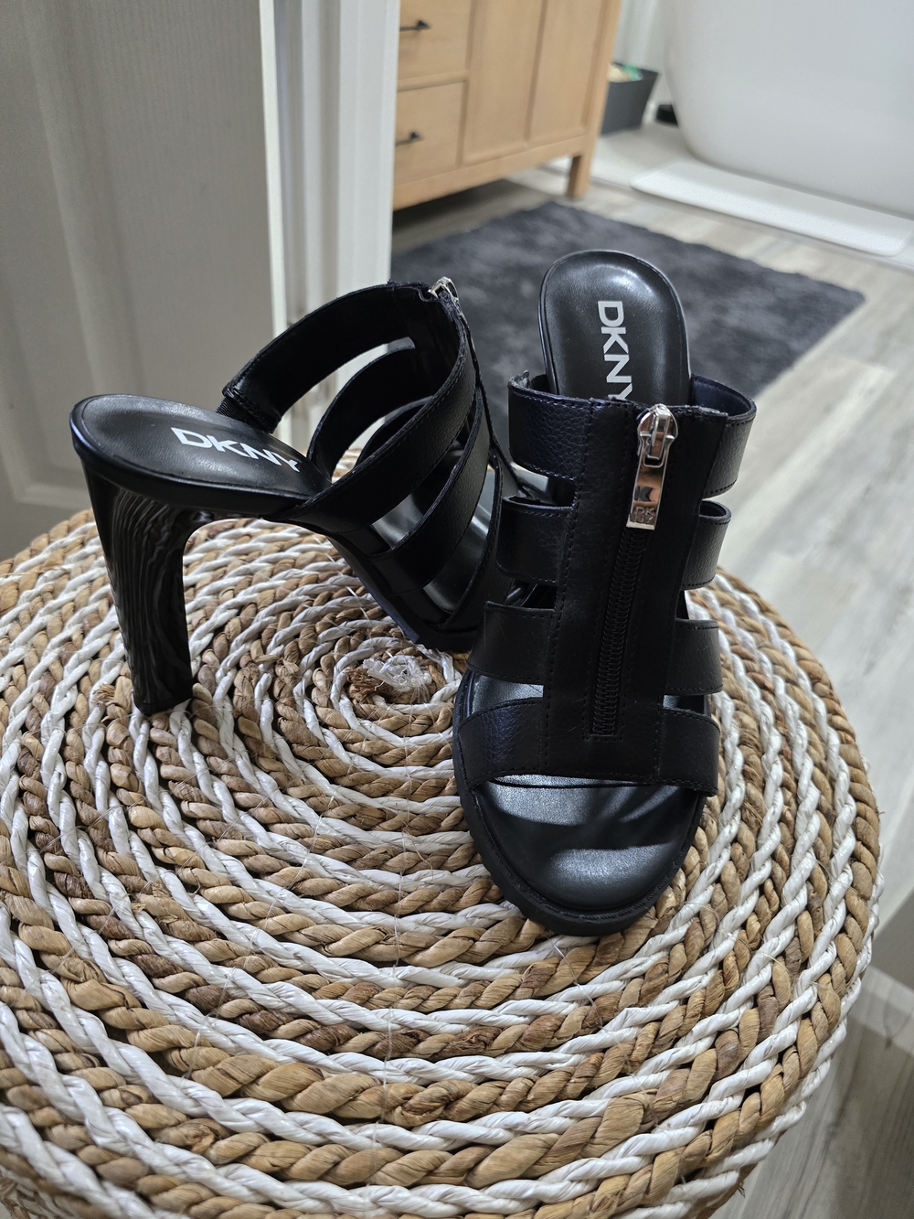 DKNY Black Strappy High Heel Zip Sandals